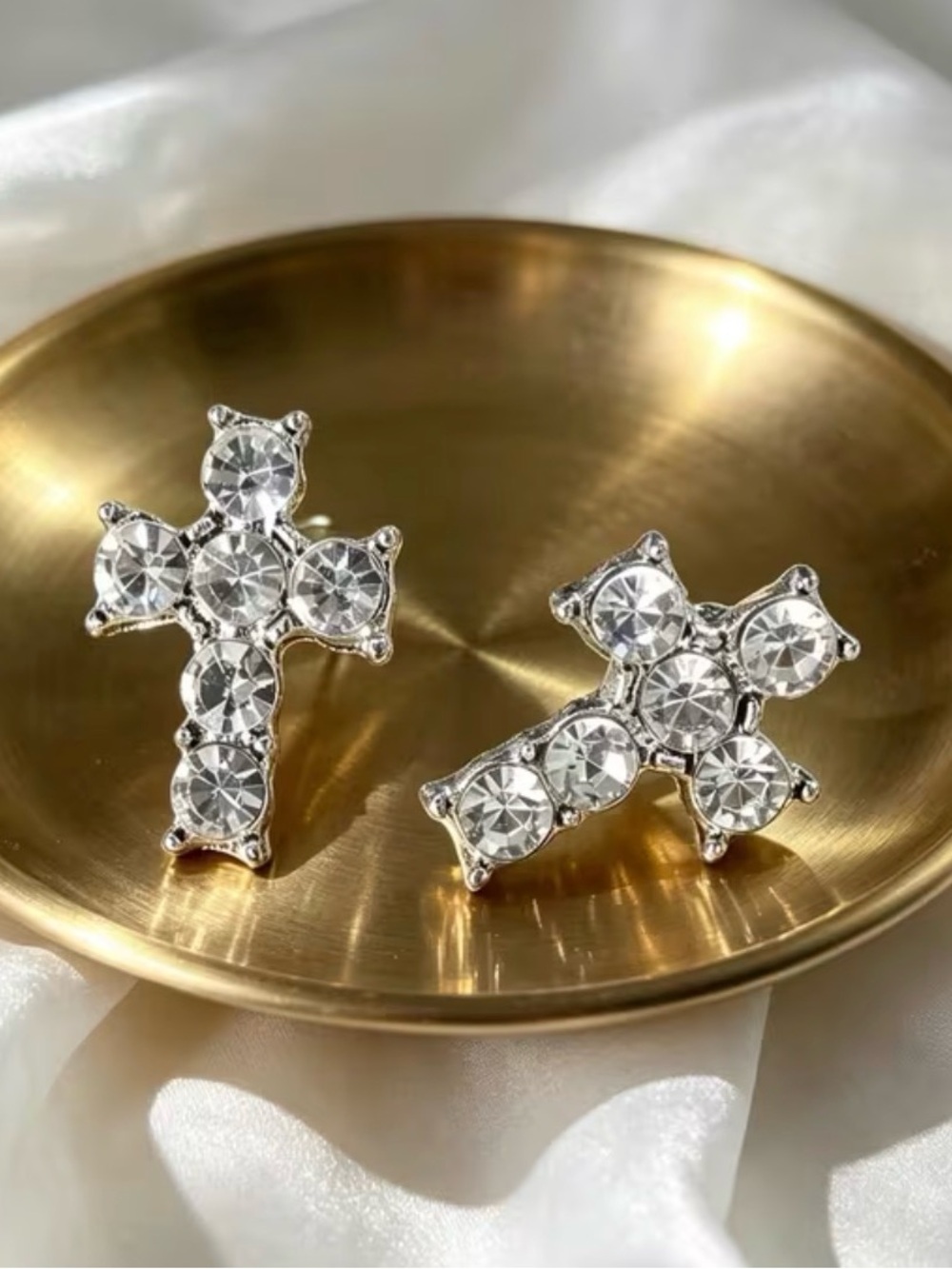 Crystal Cross Stud Earrings - Silver Tone